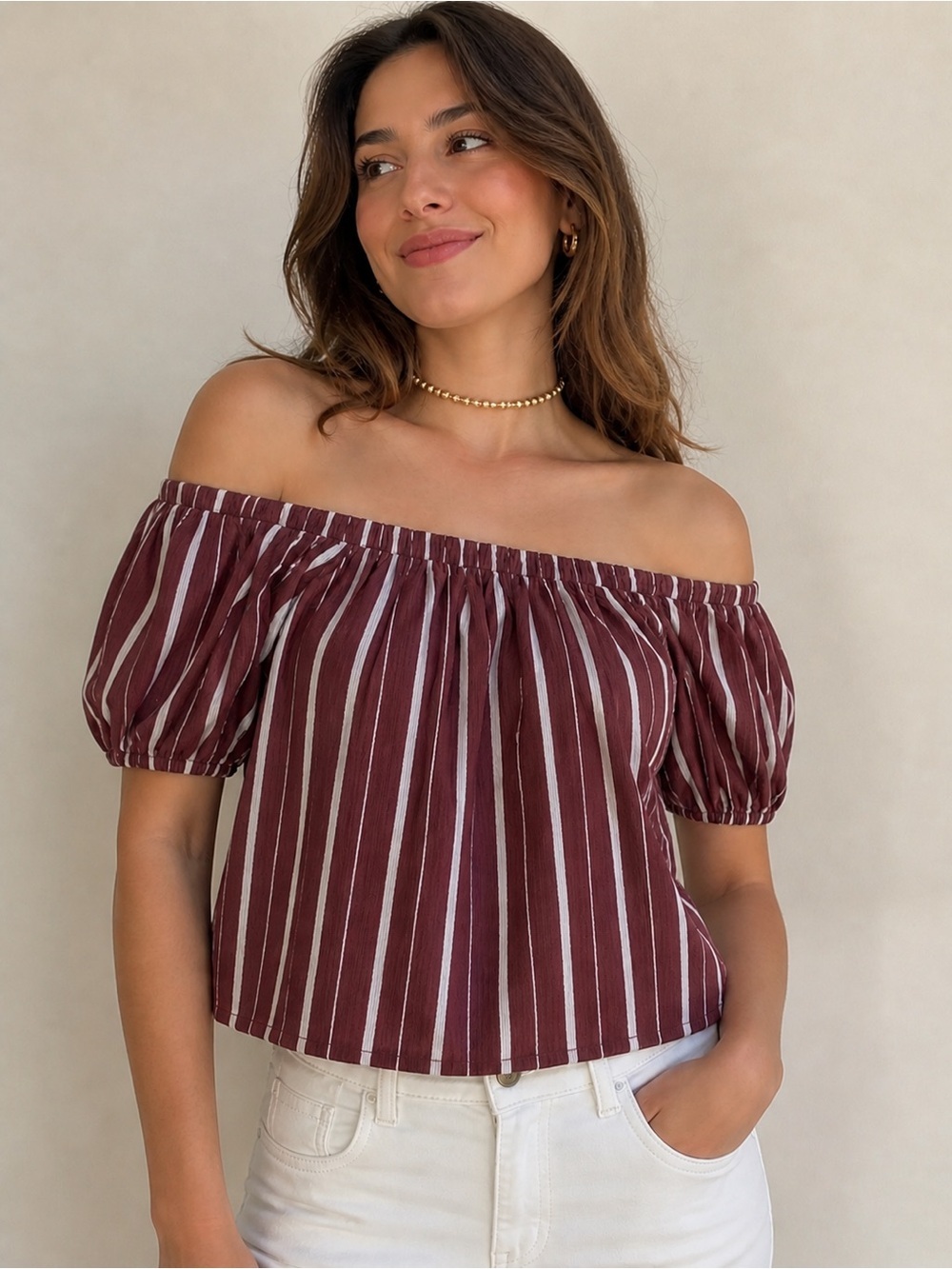 Anthropologie Burgundy and White Striped Off-Shoulder Puff Sleeve Top